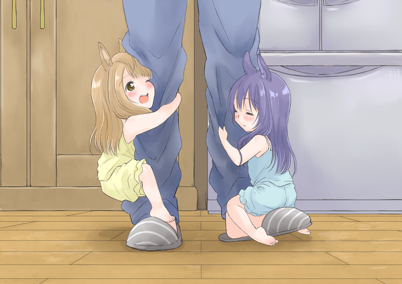 10s, 2girls, ;d, animal_ears, barefoot, blue_hair, blush, brown_eyes, brown_hair, camisole, cat_ears, closed_eyes, hugging_another's_leg, hugging_own_legs, kemonomimi_mode, long_hair, love_live!, love_live!_school_idol_project, minami_kotori, mini_person, minigirl, multiple_girls, one_eye_closed, open_mouth, satsuma_age, slippers, smile, sonoda_umi