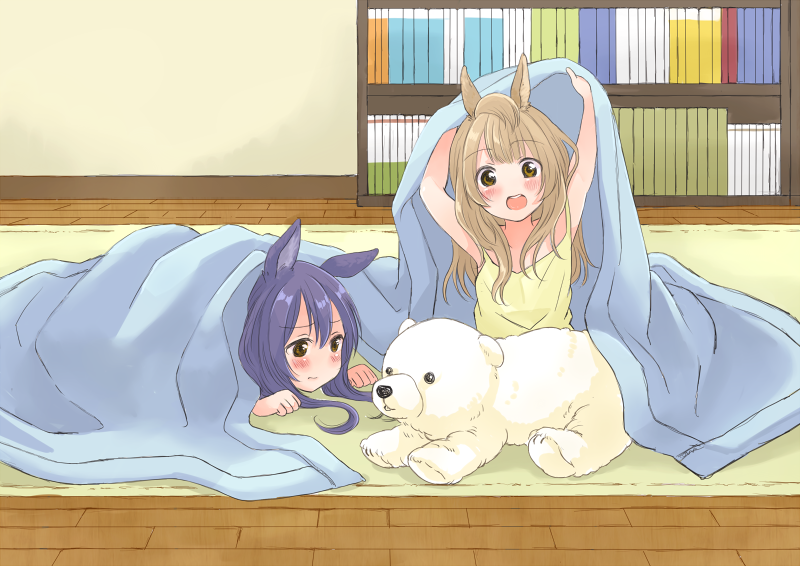 10s, 2girls, :d, animal_ears, blanket, blue_hair, blush, bookshelf