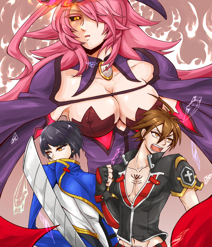 1girl, 2boys, arc_system_works, artist_request, bare_shoulders, black_hair, black_sclera, blazblue