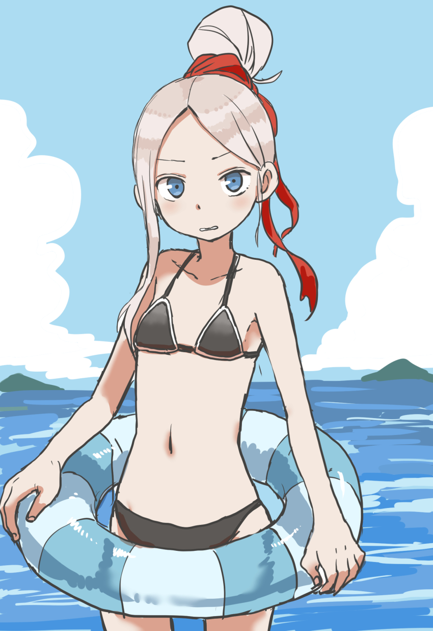 1girl, bikini, blue_eyes, female_focus, fudatsuki_kyouko, fudatsuki_no_kyouko-chan, hair_bun, hair_ribbon