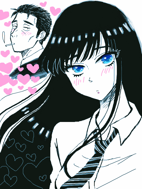 1boy, 1girl, blue_eyes, blush, cigarette, higehigehigehige, koi_wa_ameagari_no_you_ni, kondou_masami, monochrome, necktie, school_uniform, spot_color, tachibana_akira