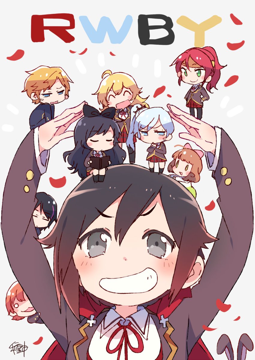 2boys, 6+girls, :3, ^_^, ahoge, animal_ears, arms_up, black_hair, black_legwear, blake_belladonna, blazer, blonde_hair, blouse, blue_eyes, blush_stickers, book, bow, buttons, cape, chibi, closed_eyes, copyright_name, cross, gradient_hair, green_eyes, grey_eyes, grin, hair_bow, highres, jacket, jaune_arc, lie_ren, long_hair, multicolored_hair, multiple_boys, multiple_girls, neck_ribbon, no_pupils, nora_valkyrie, open_mouth, orange_hair, pantyhose, penny_polendina, petals, pink_bow, pink_hair, plaid_clothes, plaid_skirt, ponytail, pyrrha_nikos, rabbit_ears, red_cape, red_hair, ribbon, rose_petals, ruby_rose, rwby, scar, scar_across_eye, scar_on_face, school_uniform, shirt, short_hair, side_ponytail, signature, skirt, smile, sweatdrop, taneda_yuuta, tiara, two-tone_hair, velvet_scarlatina, weiss_schnee, white_hair, white_shirt, yang_xiao_long