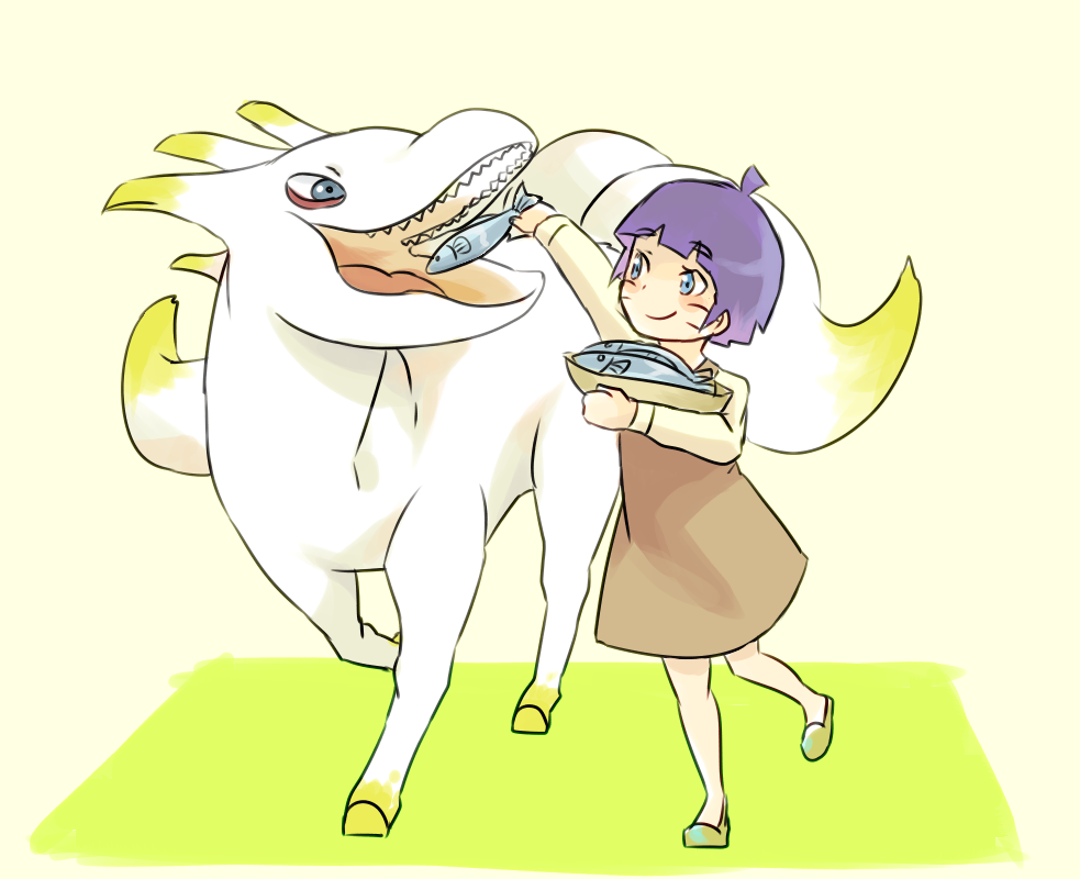 1girl, blue_eyes, blue_hair, facial_mark, feeding, fish, gobi_no_irukauma, mizuto_(o96ap), naruto_(classic), naruto_(series), naruto_shippuuden, uzumaki_himawari, yellow_theme