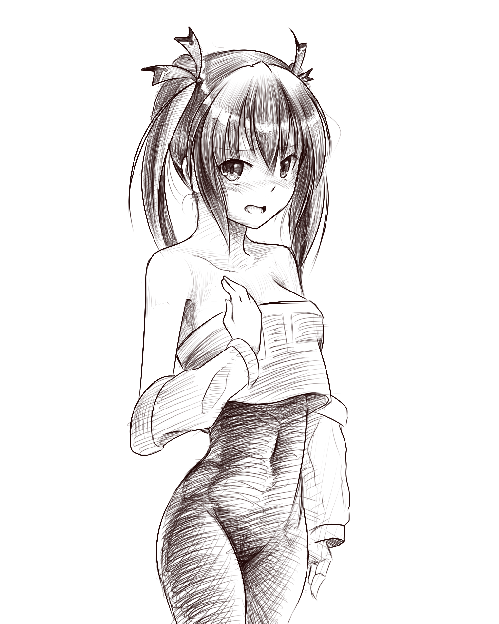 1girl, :o, alternate_costume, black_hair, blush, boa_(brianoa), breasts, cosplay, covered_navel, cowboy_shot, crop_top, crop_top_overhang, detached_sleeves, embarrassed, female_focus, greyscale, hair_between_eyes, hair_ribbon, hand_on_breast, highres, legaia_densetsu, long_hair, looking_at_viewer, monochrome, neptune_(series), noa, noa_(cosplay), noa_(legaia_densetsu), noa_(legaia_densetsu)_(cosplay), noire_(neptunia), open_mouth, raised_eyebrows, ribbon, sidelocks, simple_background, sketch, solo, source_request, strapless, tube_top, twintails, unitard