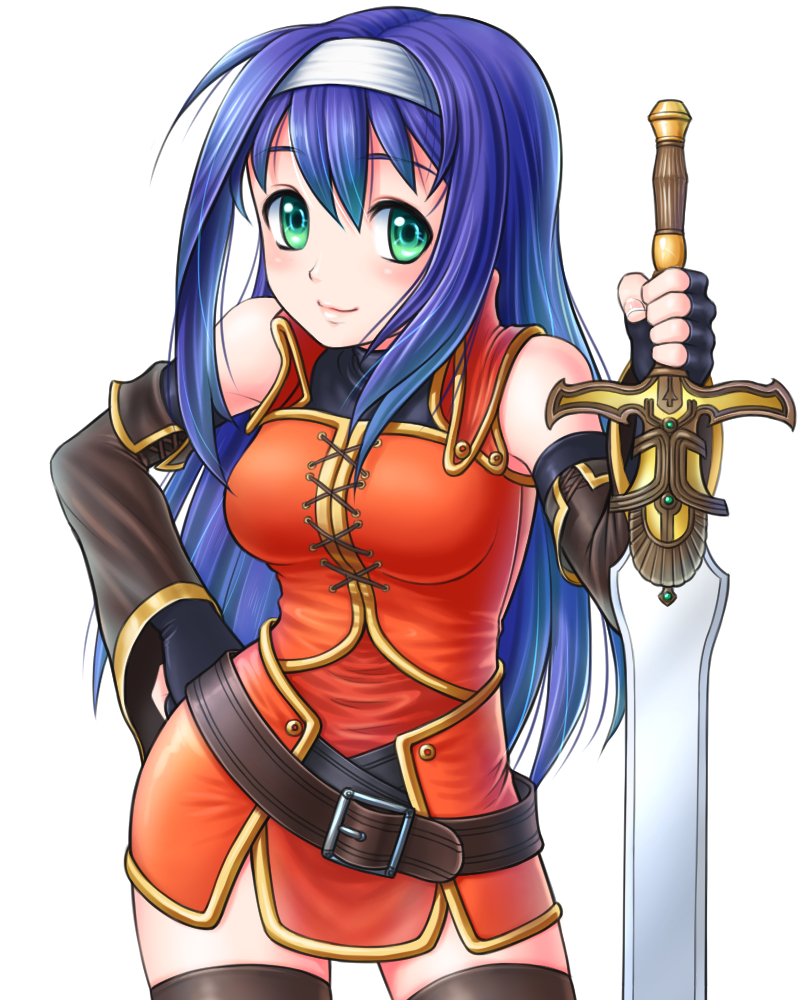 1girl, bare_shoulders, belt, blue_hair, blush, detached_sleeves, female_focus, fingerless_gloves