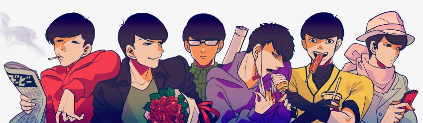 10s, 6+boys, bad_id, bad_pixiv_id, baseball_uniform, black_hair, bouquet, bov, brothers, cellphone, cigarette, flower, food, glasses, hat, highres, hood, hoodie, hot_dog, ice_cream, ice_cream_cone, jacket, male_focus, mask, matsuno_choromatsu, matsuno_ichimatsu, matsuno_jyushimatsu, matsuno_karamatsu, matsuno_osomatsu, matsuno_todomatsu, messy_hair, mouth_mask, multiple_boys, newspaper, osomatsu-kun, osomatsu-san, osomatsu_(series), phone, plaid_clothes, plaid_shirt, scarf, sextuplets, shirt, siblings, smartphone, smoking, sportswear, surgical_mask, swept_bangs, upper_body