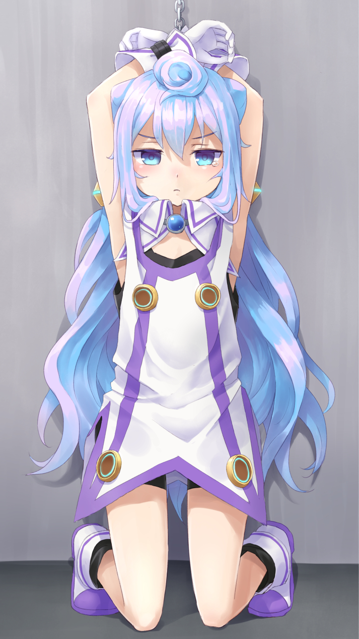 10s, 1boy, arms_up, bad_id, bad_pixiv_id, bare_shoulders, bike_shorts, blue_eyes, blue_hair, blush, boots, chain, cuffs, full_body, gloves, hacka_doll, hacka_doll_3, highres, kneeling, long_hair, looking_at_viewer, male_focus, matching_hair/eyes, restrained, shackles, solo, tears, trap, unamused, utsuro026