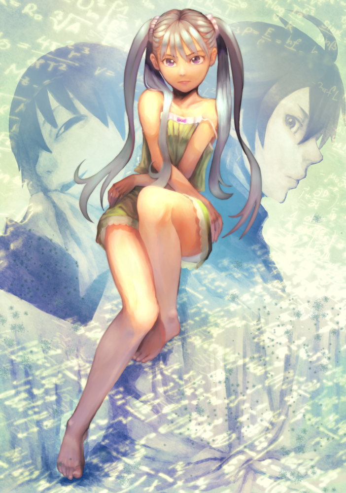 10s, 1boy, 2girls, araragi_koyomi, barefoot, jj_(ssspulse), long_hair, long_legs
