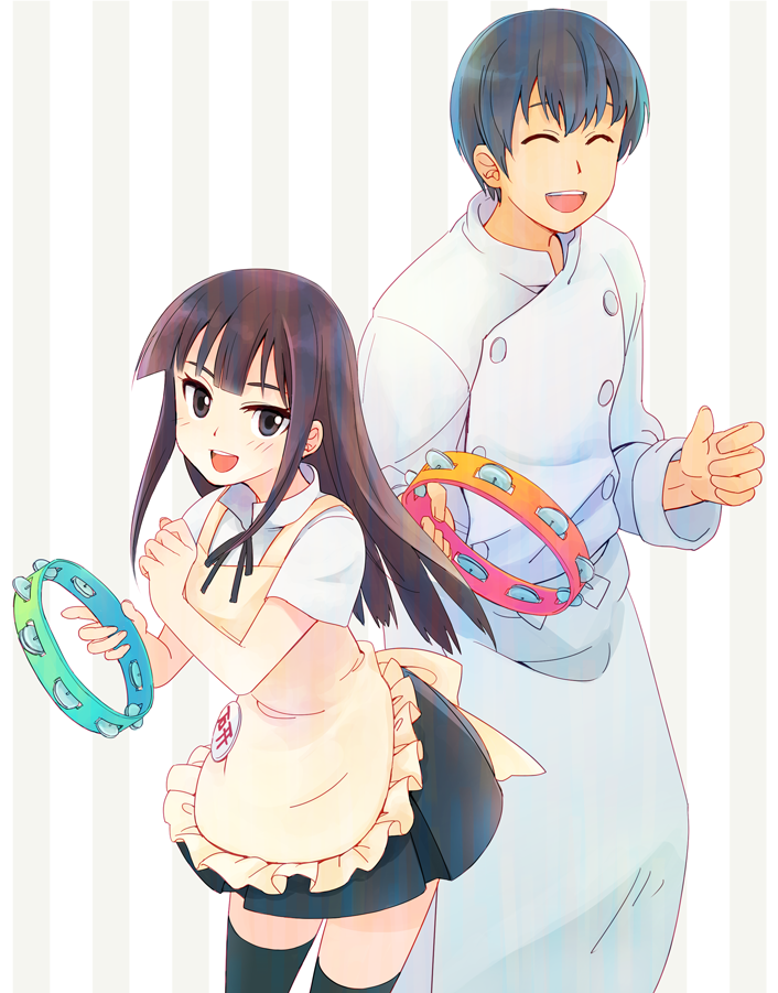 1boy, 1girl, apron, bad_id, bad_pixiv_id, black_hair, blue_hair, cook