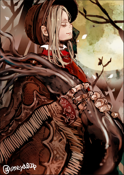 1girl, bloodborne, bonnet, cloak, closed_eyes, plain_doll, umeyama_(toma23)