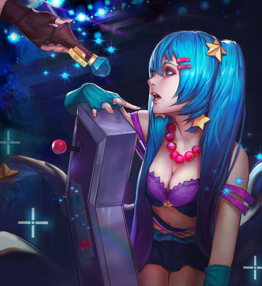 2girls, alternate_costume, arcade_(league_of_legends), arcade_sona, bad_id, bad_pixiv_id, black_gloves, blue_background, blue_eyes, blue_gloves, blue_hair, bra, breasts, caitlyn_(league_of_legends), cleavage, controller, elbow_gloves, eyebrows, eyeshadow, fingerless_gloves, fingernails, game_controller, gloves, hair_ornament, hair_over_shoulder, hairclip, highres, jewelry, joystick, league_of_legends, lips, long_hair, looking_at_another, looking_to_the_side, makeup, microskirt, midriff, multiple_girls, navel, necklace, no_shirt, off_shoulder, open_mouth, out_of_frame, purple_bra, rabbit_(tukenitian), sitting, skirt, solo_focus, sona_(league_of_legends), sparkle, star_(symbol), star_hair_ornament, strap_slip, teeth, twintails, underwear, very_long_hair