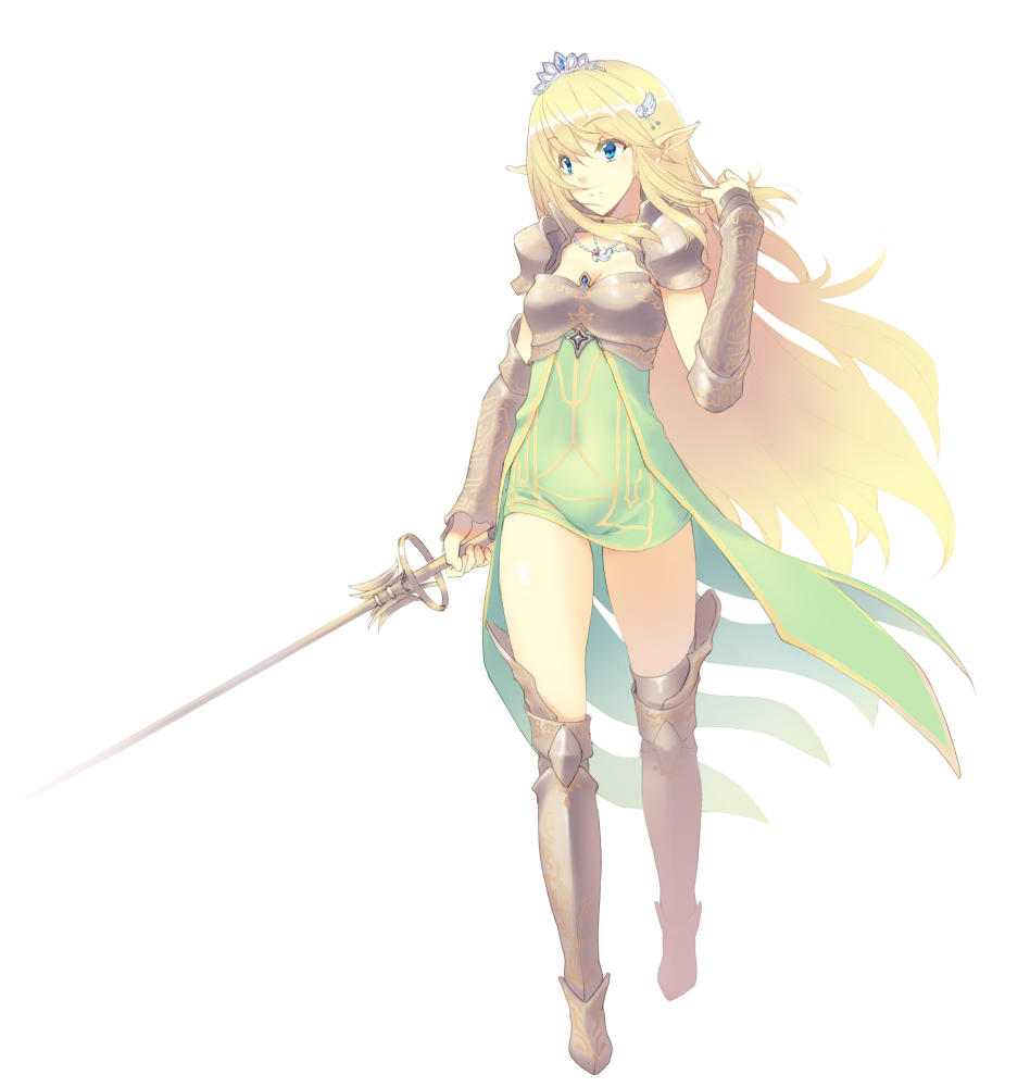 1girl, armor, armored_boots, blonde_hair, blue_eyes, boots, breastplate, elf, female_focus, full_body, gauntlets, hair_ornament, jewelry, long_hair, monochrome, nakadori_(movgnsk), navel, necklace, olivier_(sennen_sensou_aigis), pauldrons, pointy_ears, rapier, sennen_sensou_aigis, shoulder_armor, simple_background, solo, sword, tiara, very_long_hair, weapon, white_background