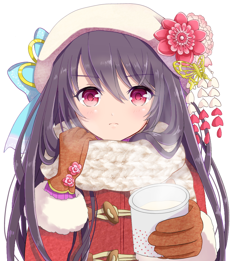 1girl, beret, blue_bow, blush, bow, brown_gloves, close-up, coat, cup, drink, female_focus, flower, giving, gloves, hair_between_eyes, hat, hat_boe, hat_bow, hat_flower, kasumi_(shironeko_project), long_hair, long_sleeves, looking_at_viewer, milk, purple_hair, red_eyes, religious_offering, rukotan, scarf, shironeko_project, simple_background, solo, steam, white_background, white_scarf, winter_clothes, winter_coat
