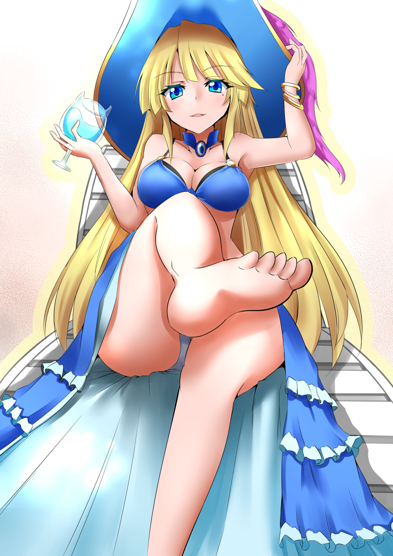 1girl, awilda_(p&amp;d), bare_legs, barefoot, bikini, blonde_hair, blue_bikini, blue_eyes