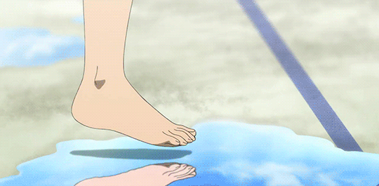 10s, 1boy, 1girl, animated, animated_gif, black_hair, bouncing_breasts, breasts, huge_breasts, komori-san_wa_kotowarenai!, komori_shuri, ootani_(komori-san), outdoors, red_eyes, short_hair, slipping, standing, water