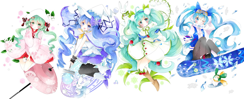 4girls, :q, absurdres, ahoge, aqua_eyes, aqua_hair, bad_id, bad_pixiv_id, blue_eyes, blue_hair, blush, boots, cape, flower, gloves, goggles, goggles_on_head, green_eyes, green_hair, hat, hat_ornament, hatsune_miku, highres, japanese_clothes, kimono, knee_boots, leaf, lily_of_the_valley, long_hair, magic_circle, multiple_girls, musical_note, one_eye_closed, open_mouth, pantyhose, quaver, rabbit, scarf, skirt, snow_rabbit, snowboard, snowdrop_(flower), snowflake_hat_ornament, snowflake_print, snowflakes, spring_snowflake, tongue, tongue_out, tsukiyo_(skymint), twintails, uchikake, very_long_hair, vocaloid, white_background, witch_hat, yuki_miku, yukine_(vocaloid)