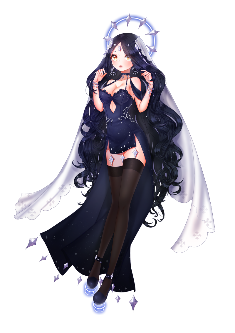 1girl, anklet, argyle_clothes, diamond_cutout, bare_shoulders, black_hair, black_thighhighs, blue_shoes