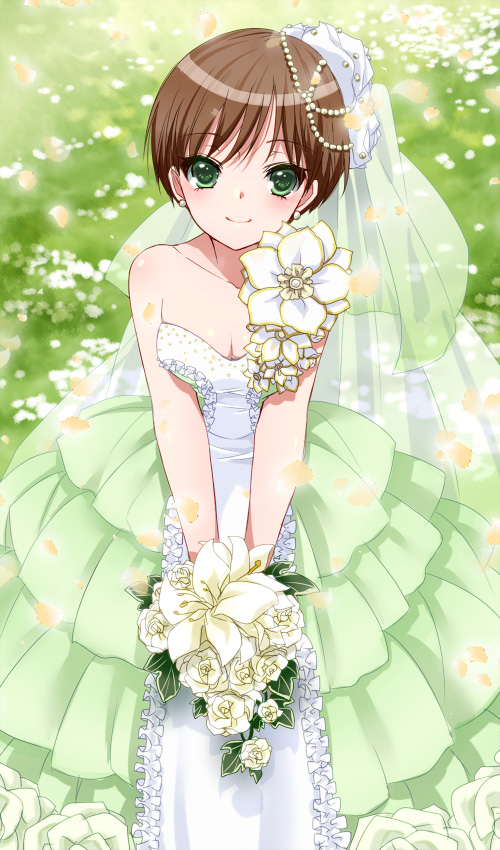 1girl, bouquet, bridal_veil, brown_hair, dress, female_focus, flower, green_eyes, myutsusama, rebecca_chambers, resident_evil, resident_evil_0, short_hair, solo, veil, wedding_dress
