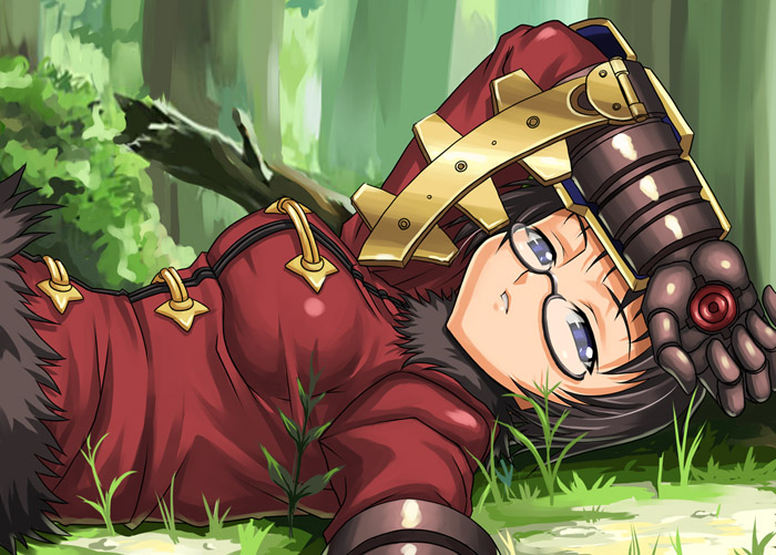 alchemist_(etrian), alchemist_(sekaiju), alchemist_2_(sekaiju), atlus, black_hair, blue_eyes, etrian_odyssey, glasses, gloves, jacket, lying, nature, outdoors, short_hair, solo, syunzou