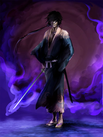 1boy, black_hair, holding, holding_weapon, japanese_clothes, katana, male_focus, nameless_samurai