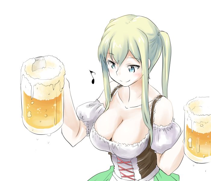 10s, 1girl, alcohol, beer, beer_mug, blue_eyes, breasts, cleavage