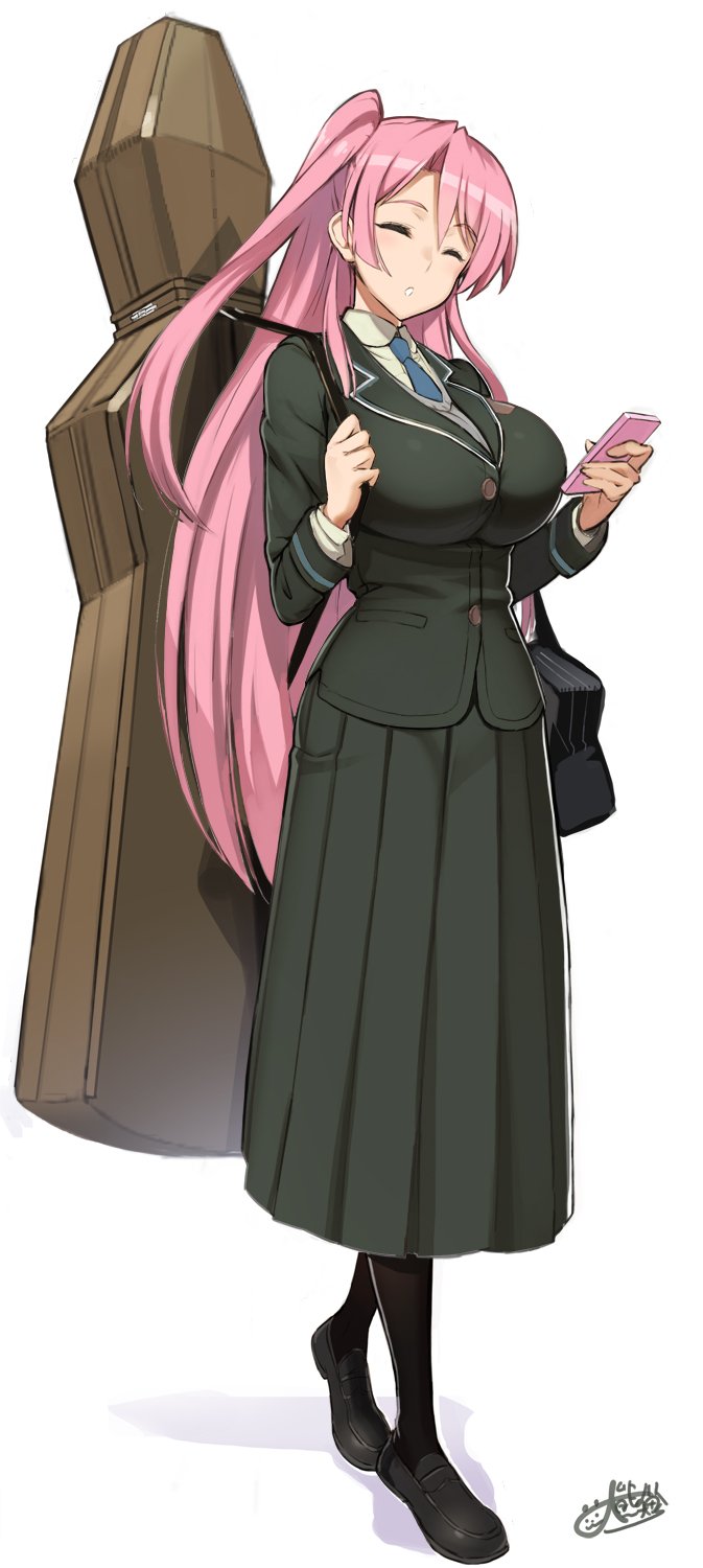 1girl, bag, black_pantyhose, breasts, cello_case, cellphone, closed_eyes, female_focus, full_body, highres, huge_breasts, instrument_case, instrument_case_on_back, loafers, long_hair, long_skirt, necktie, ookuma_nekosuke, ootori_kanae_(soukou_akki_muramasa), pantyhose, parted_lips, phone, pink_hair, pleated_skirt, school_bag, school_uniform, shoes, side_ponytail, simple_background, skirt, smartphone, solo, soukou_akki_muramasa, standing, very_long_hair, white_background