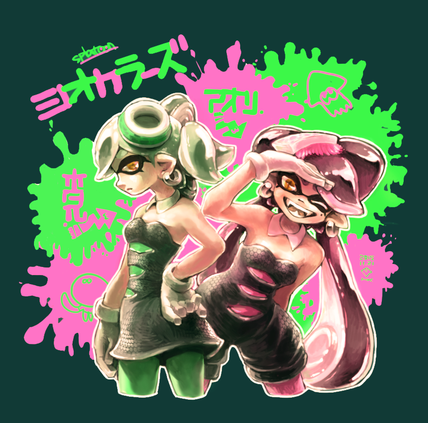 +_+, +_-, 2girls, black_dress, black_hair, callie_(splatoon), callie_(squid_sisters_outfit)_(splatoon), cropped_legs