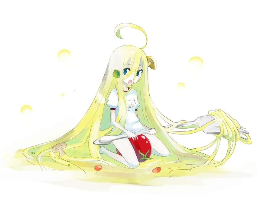 1girl, ahoge, blonde_hair, blue_eyes, female_focus, food, food_as_clothes, fork, gym_uniform, hair_between_eyes, hair_ornament, highres, in_food, long_hair, mini_person, minigirl, mushroom, noodles, open_mouth, original, pasta, personification, ramen-chan, sitting, solo, spaghetti, tansuke, tomato, vegetable, very_long_hair