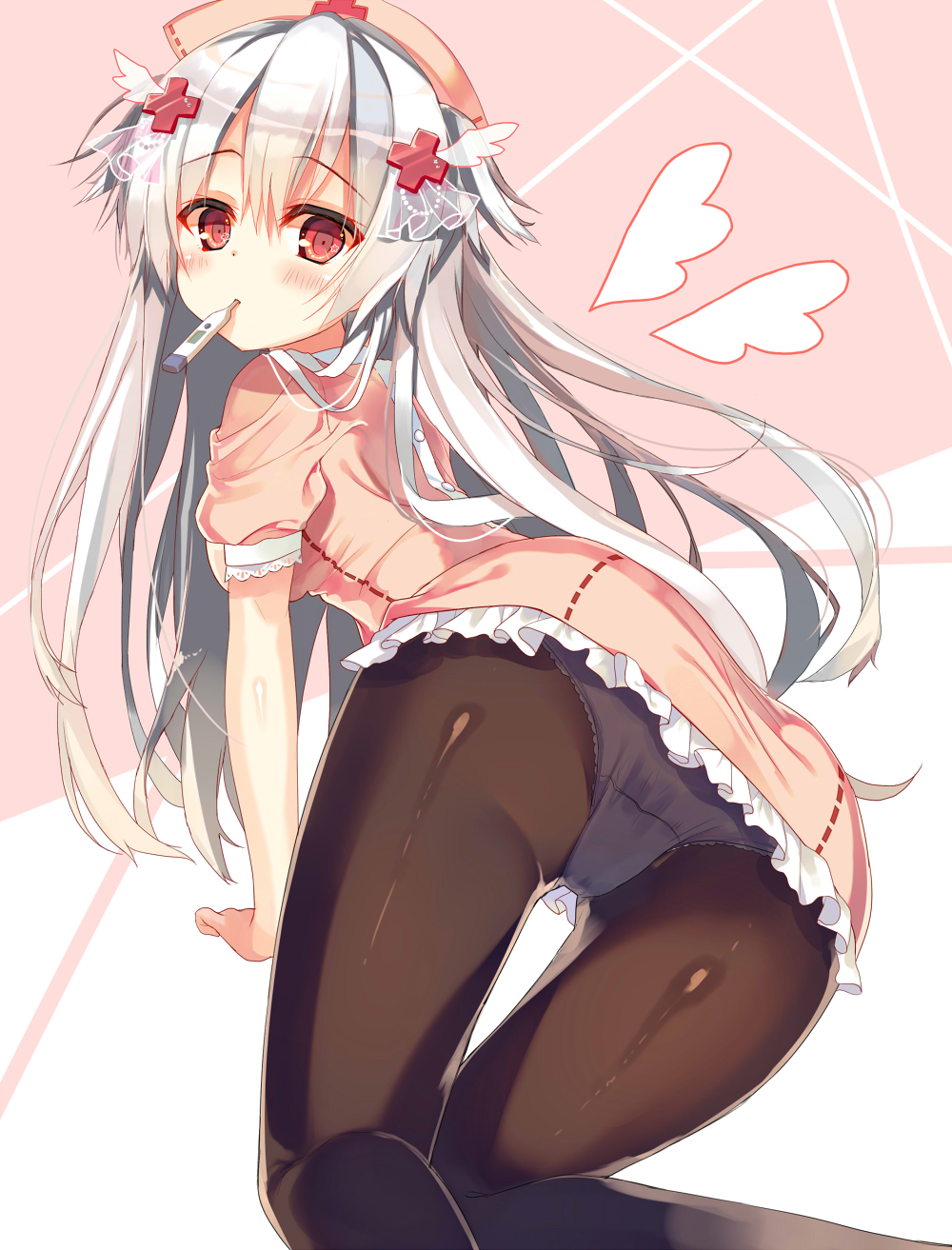 1girl, all_fours, ass, black_pantyhose, blush, commentary_request, cross, female_focus