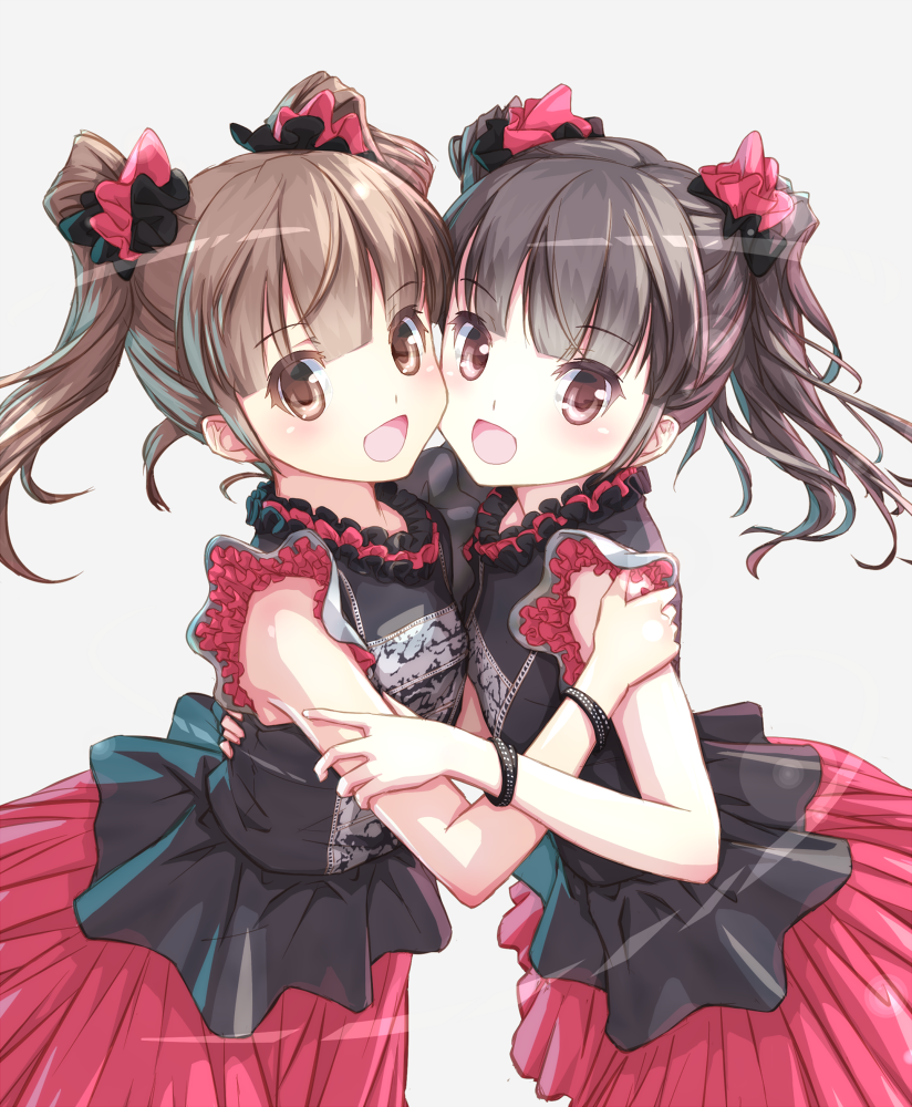 2girls, babymetal, bare_shoulders, black_hair, blunt_bangs, brown_eyes, brown_hair, cheek-to-cheek