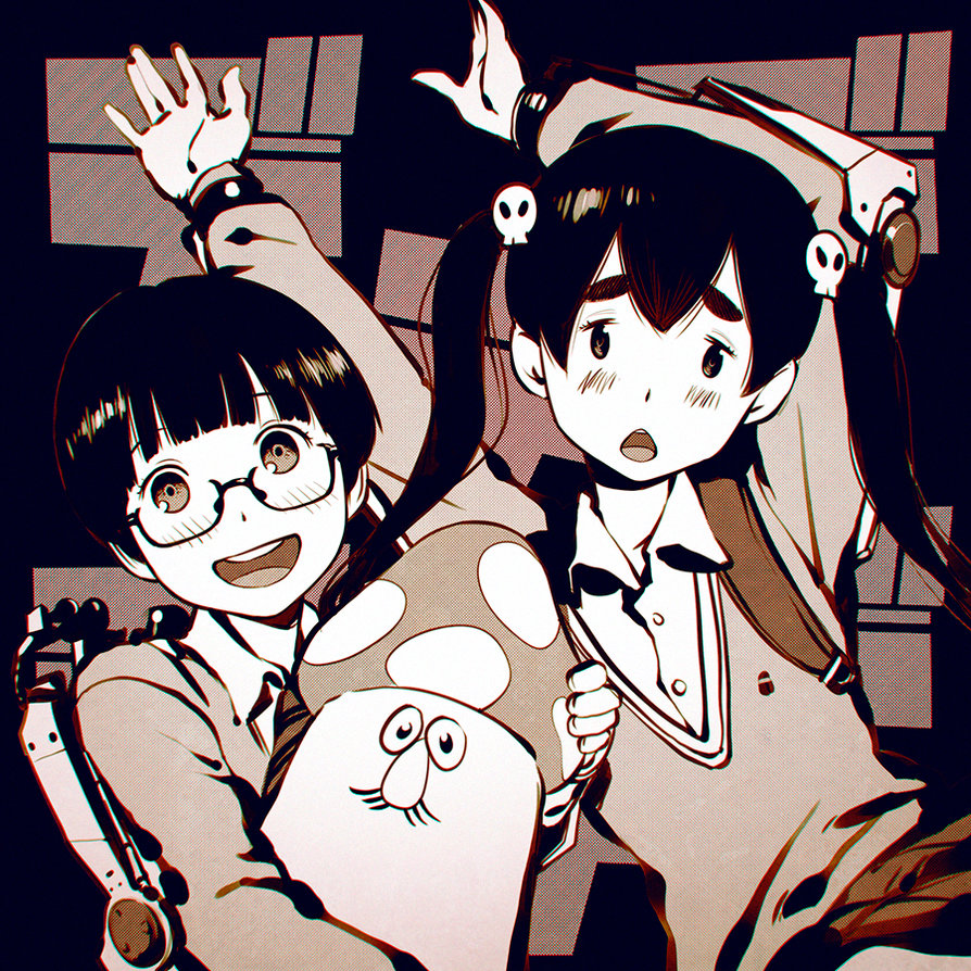 2girls, arm_up, black_hair, chestnut_mouth, dead_dead_demons_de_dedede_destruction, glasses, ilya_kuvshinov, image_sample, isobeyan, koyama_kadode, looking_at_viewer, monochrome, multiple_girls, mushroom, nakagawa_ouran, official_style, school_uniform, thick_eyebrows, twintails