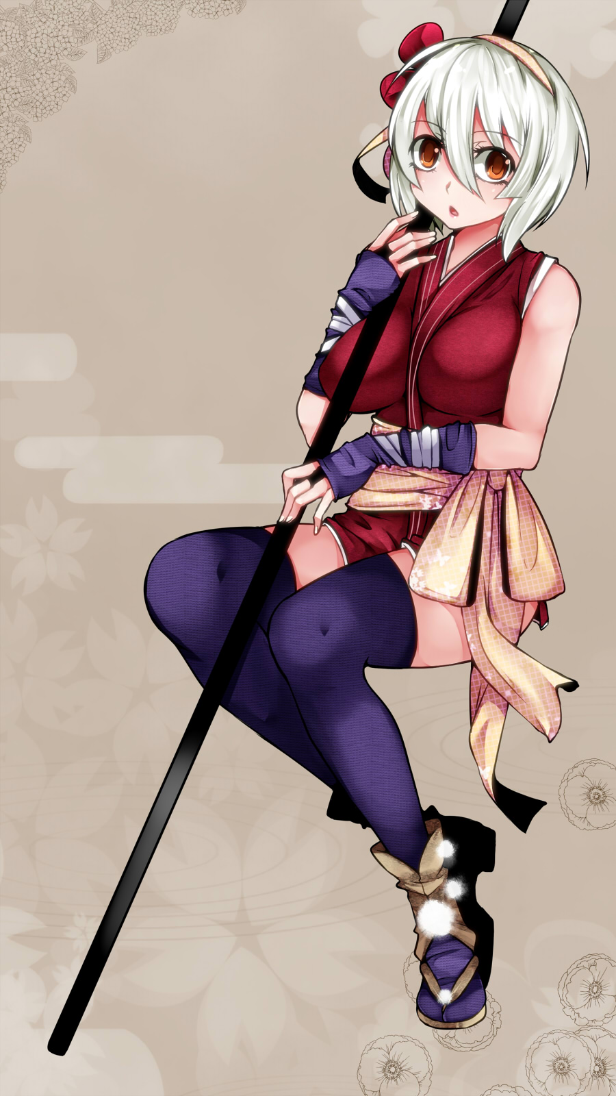 1girl, aoshima, breasts, bridal_gauntlets, brown_eyes, commentary_request, female_focus, full_body