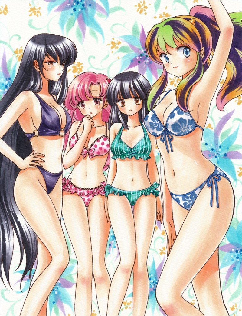 4girls, bikini, black_hair, blue_eyes, brown_eyes, long_hair, lum, marker_(medium), miyake_shinobu, multiple_girls, o-ring, o-ring_top, pink_eyes, pink_hair, ponytail, ran_(urusei_yatsura), sakura_(urusei_yatsura), short_hair, swimsuit, tegaki_no_yuu, traditional_media, urusei_yatsura
