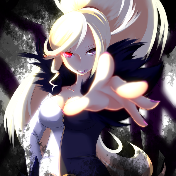 1girl, afushiru_wa_kugi, blonde_hair, breasts, cleavage, feather_boa, female_focus, foreshortening