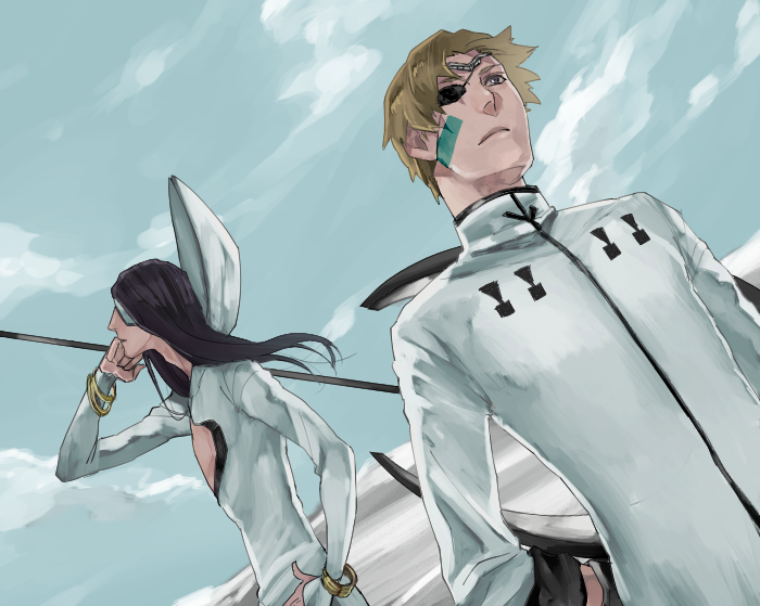 2boys, agatsumaattsu, arrancar, black_hair, bleach, blonde_hair, day, eyepatch