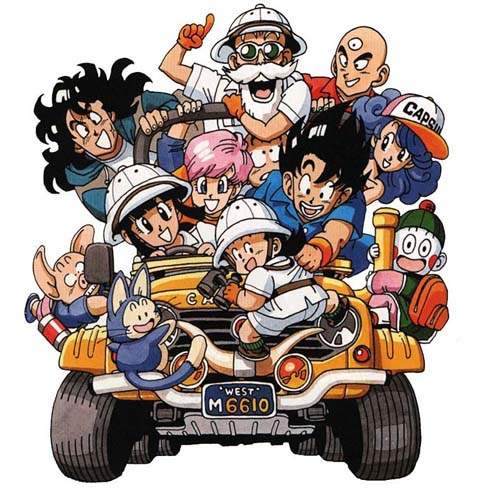 3girls, 6+boys, bald, baseball_cap, black_hair, blue_hair, bulma, car