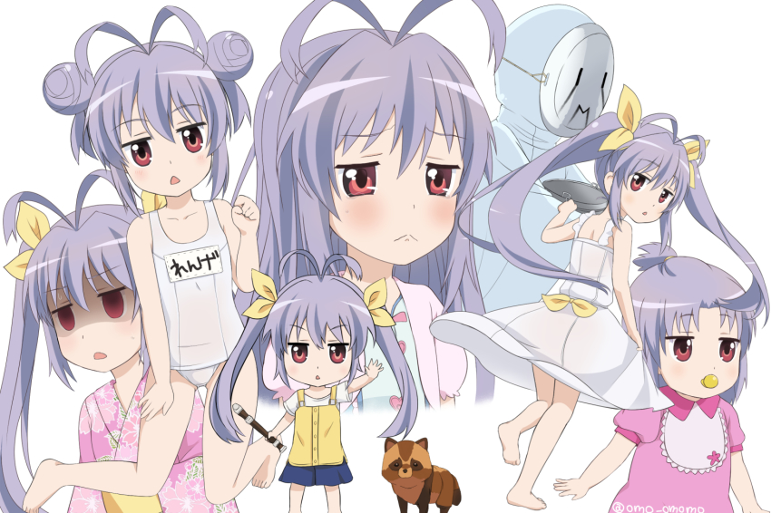 1girl, :>, :<, aged_down, alternate_hairstyle, animal, antenna_hair, artist_name