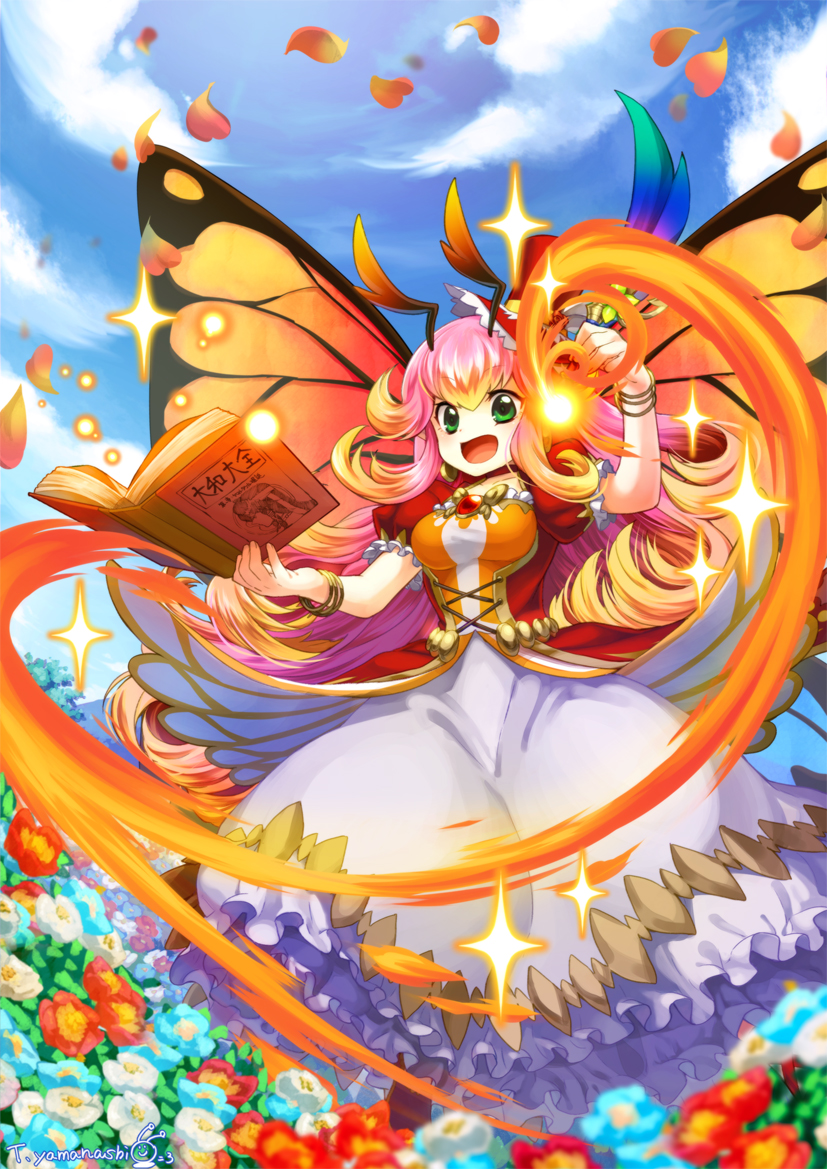 1girl, antennae, blonde_hair, book, bracelet, brooch, butterfly_wings, dress, female_focus, fire, flower, gradient_hair, green_eyes, hat, insect_wings, jewelry, long_hair, looking_at_viewer, mini_hat, mini_top_hat, multicolored_hair, open_mouth, parrot_(p&amp;d), petals, pink_hair, puzzle_&amp;_dragons, quill, solo, top_hat, wavy_hair, wings, yamanashi_taiki