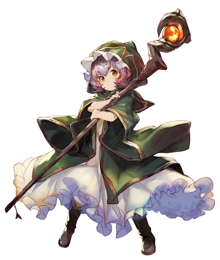 10s, 1girl, coat, dress, female_focus, full_body, granblue_fantasy, highres, hood, light_purple_hair, long_sleeves, minigob, open_clothes, open_coat, shirabi, solo, staff, white_dress, wide_sleeves, yellow_eyes