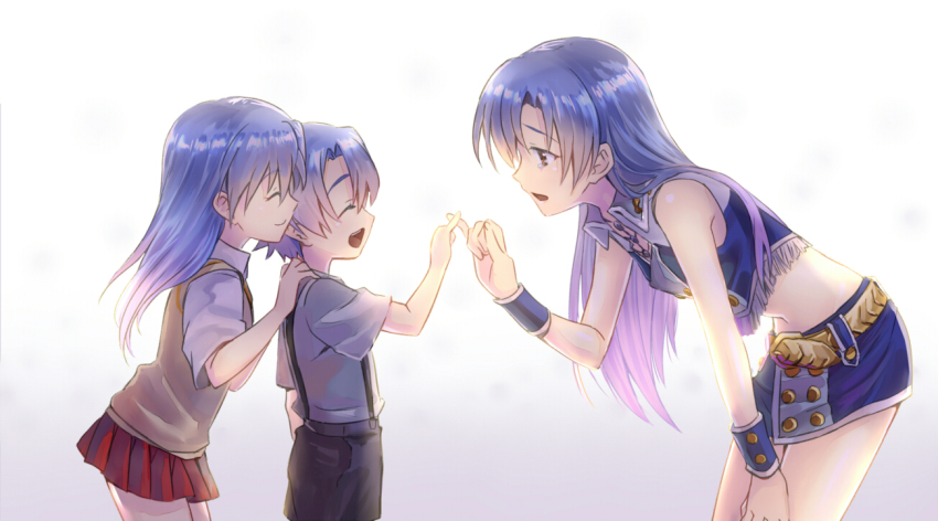 1boy, 2girls, blue_hair, brother_and_sister, brown_eyes, closed_eyes, dual_persona, idolmaster