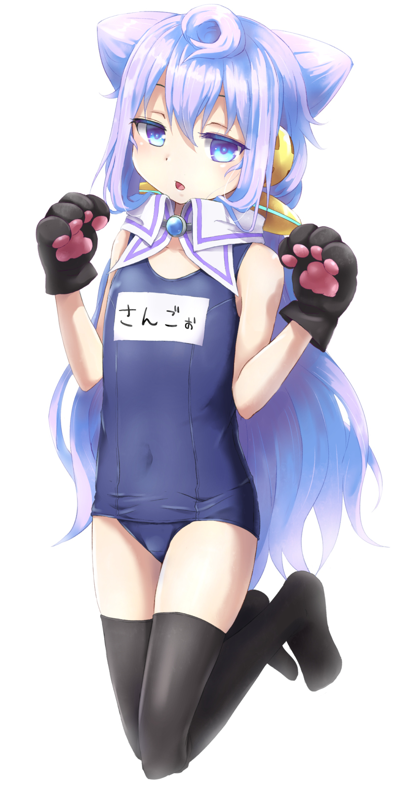 10s, 1boy, animal_hands, bad_id, bad_pixiv_id, bare_shoulders, black_thighhighs, blue_eyes, blue_hair, blush, chestnut_mouth, crossdressing, crossdressing_(mtf), full_body, gloves, hacka_doll, hacka_doll_3, highres, kneeling, long_hair, looking_at_viewer, male_focus, matching_hair/eyes, name_tag, old_school_swimsuit, one-piece_swimsuit, open_mouth, paw_gloves, school_swimsuit, solo, swimsuit, thighhighs, trap, utsuro026