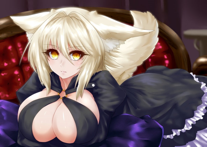 1girl, absurdres, animal_ears, blonde_hair, breasts, cleavage, couch, dress