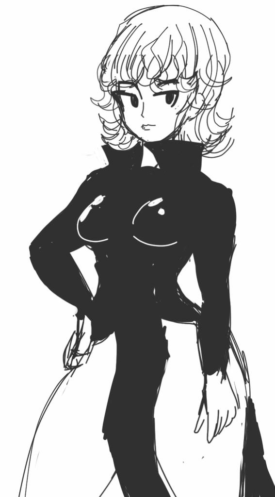 1girl, bad_id, bad_twitter_id, female_focus, greyscale, indiend, monochrome, one-punch_man, solo, tagme, tatsumaki