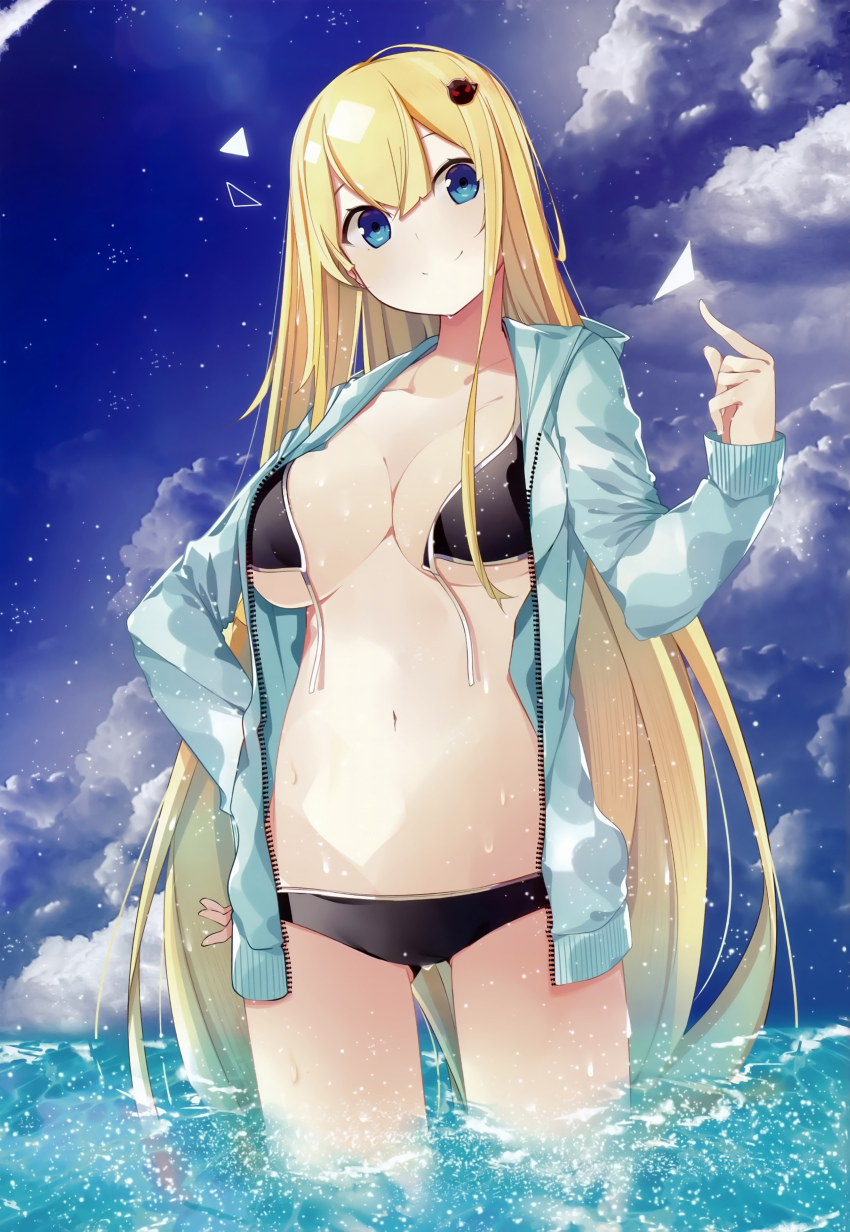 1girl, absurdres, benio_(dontsugel), bikini, black_bikini, blonde_hair, blue_eyes, blue_sky, breasts, cleavage, day, female_focus, front-tie_top, hair_ornament, hand_on_own_hip, highres, hood, hooded_jacket, jacket, large_breasts, level_1_rakudai_eiyuu_no_isekai_kouryaku, long_hair, lowleg, lowleg_bikini, narumie_beltoise, navel, nmaaaaa, ocean, open_clothes, open_jacket, outdoors, scan, sky, smile, solo, swimsuit, untied_bikini, very_long_hair, wading, wet
