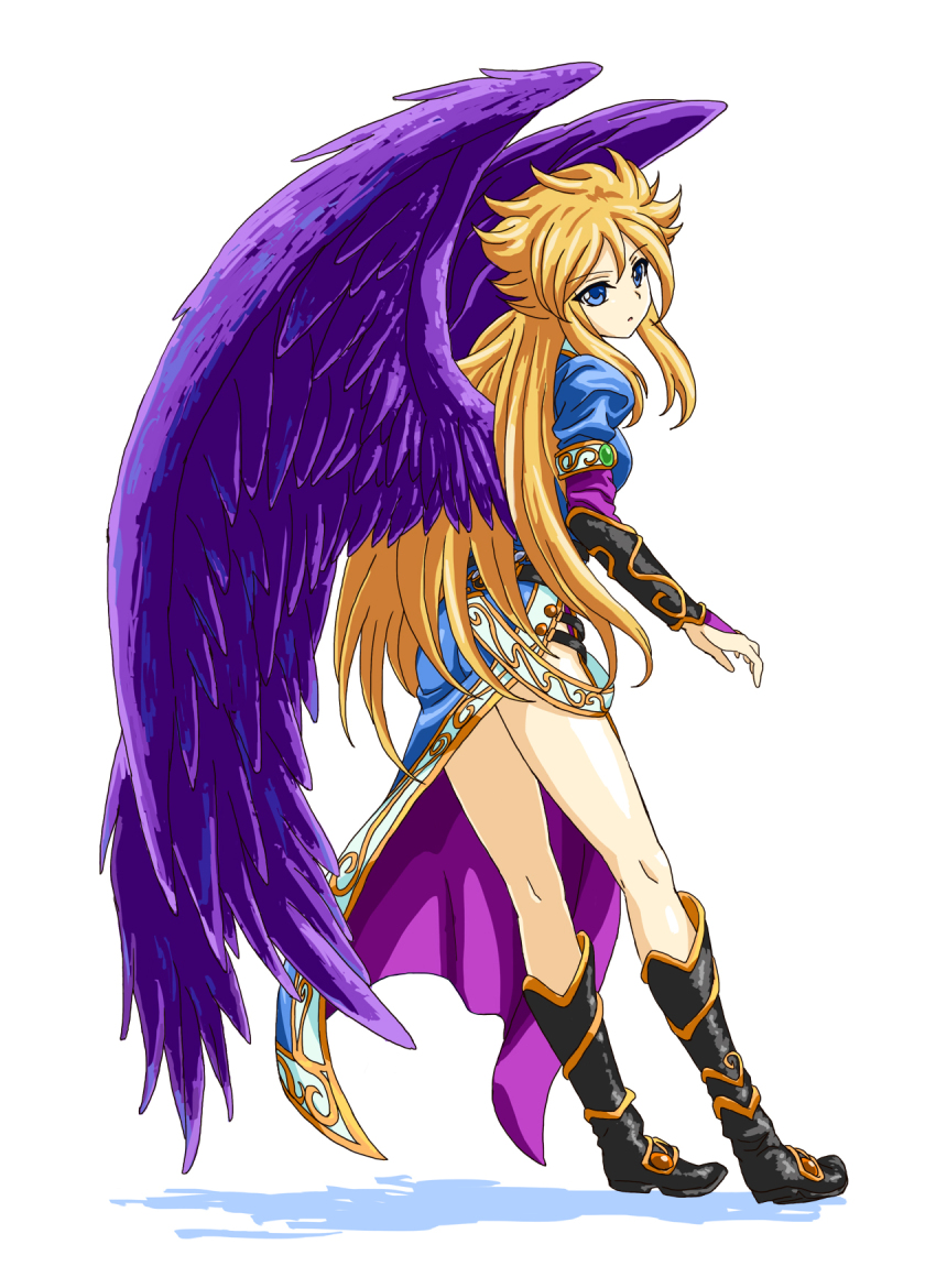 1girl, angel_wings, black_wings, blonde_hair, boots, bracer, breasts, breath_of_fire