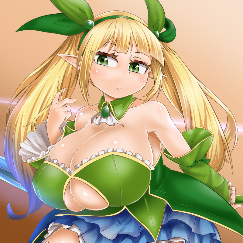 1girl, bare_shoulders, blonde_hair, bra, breasts, bursting_breasts, collarbone, detached_sleeves