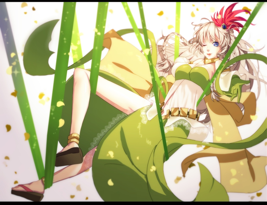 1girl, bad_id, bad_pixiv_id, blue_eyes, braid, female_focus, gloves, highres, kyougoku_maria_(sengoku_basara), lipstick, long_hair, makeup, meishin_(primum00), one_eye_closed, open_mouth, sengoku_basara, solo, white_background, white_hair