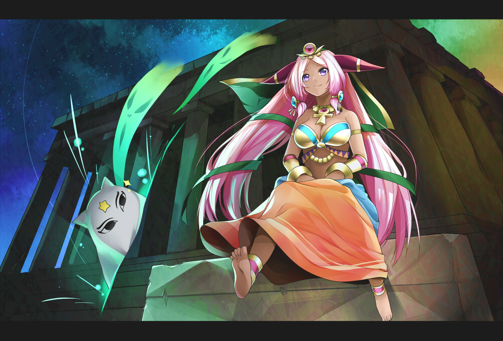 1girl, ancient_egyptian, ankh, anklet, armlet, barefoot, bracer, breasts