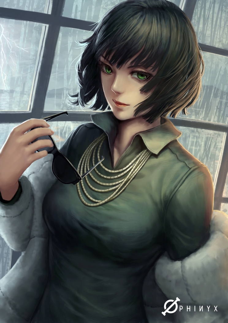 1girl, black_hair, blouse, breasts, closed_mouth, coat, collared_shirt, dress, dutch_angle, eyelashes, female_focus, fubuki_(one-punch_man), fur_coat, glass, green_eyes, green_shirt, holding, holding_removed_eyewear, indoors, jewelry, large_breasts, lightning, lipstick, long_sleeves, looking_at_viewer, makeup, mascara, namae_shifuta, necklace, off_shoulder, one-punch_man, open_clothes, open_coat, realistic, shirt, short_hair, signature, sky, smile, solo, sunglasses, taut_clothes, taut_shirt, unworn_eyewear, upper_body, watermark, window
