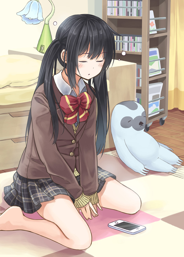 1girl, barefoot, bed, bed_sheet, between_legs, black_hair, blazer, blush, book, bookshelf, bow, bowtie, buttons, carpet, cellphone, collared_shirt, curtains, desk_lamp, female_focus, hand_between_legs, indoors, jacket, kusunoki_kozue_(mikkii), kusunoki_kozue_(niichi), lamp, long_hair, long_sleeves, md5_mismatch, niichi_(komorebi-palette), original, parted_lips, phone, pillow, school_uniform, shirt, sitting, sleeping, sleeping_upright, sleeves_past_wrists, smartphone, solo, stuffed_animal, stuffed_toy, twintails, very_long_hair, wariza, wooden_floor